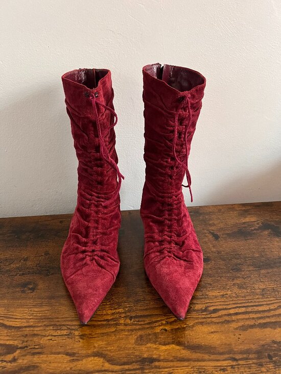 Planisphere Shoes - Planisphere Red Suede Ruched Kitten Heel Boots